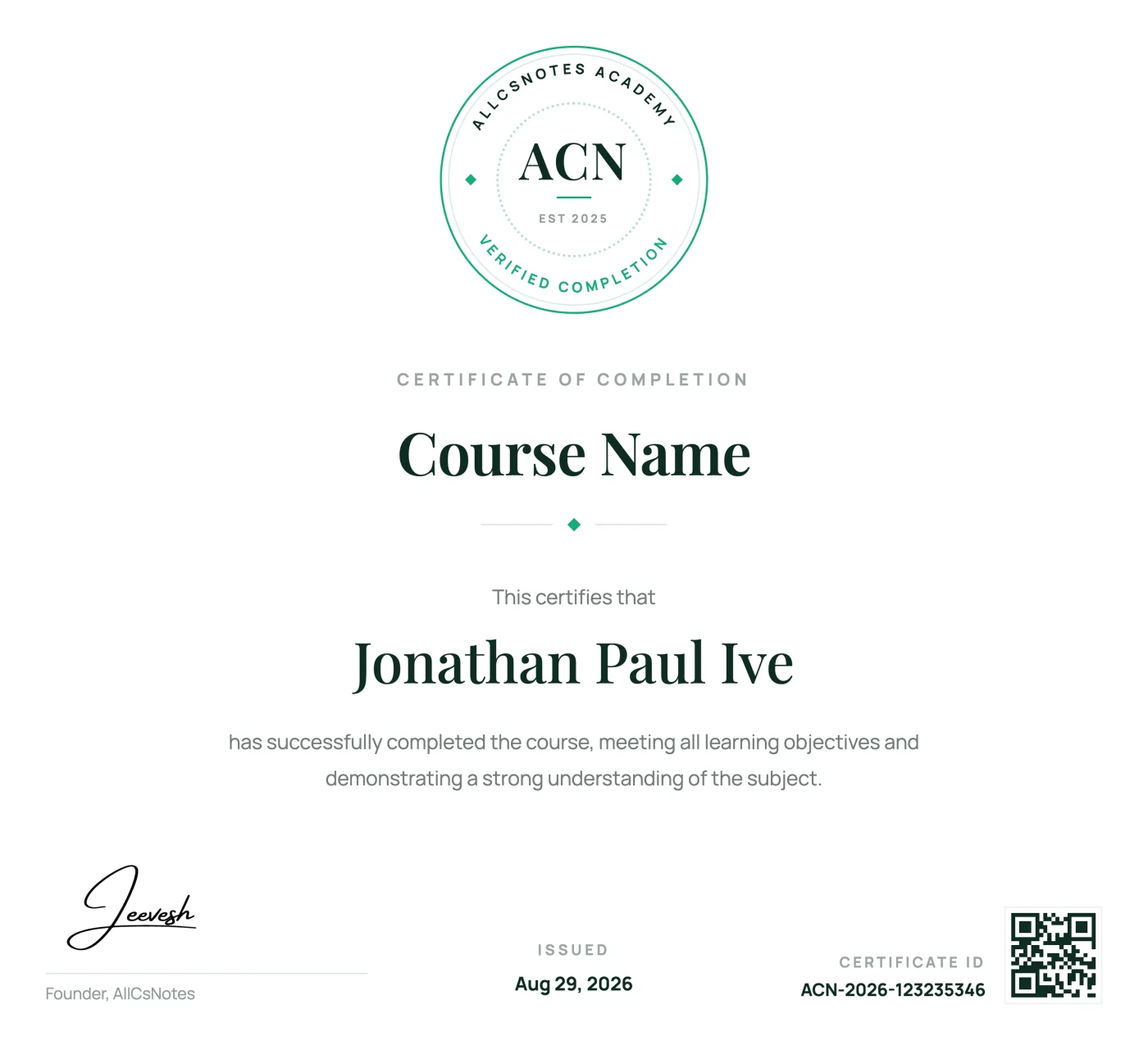 Example All CS Videos verified course completion certificate