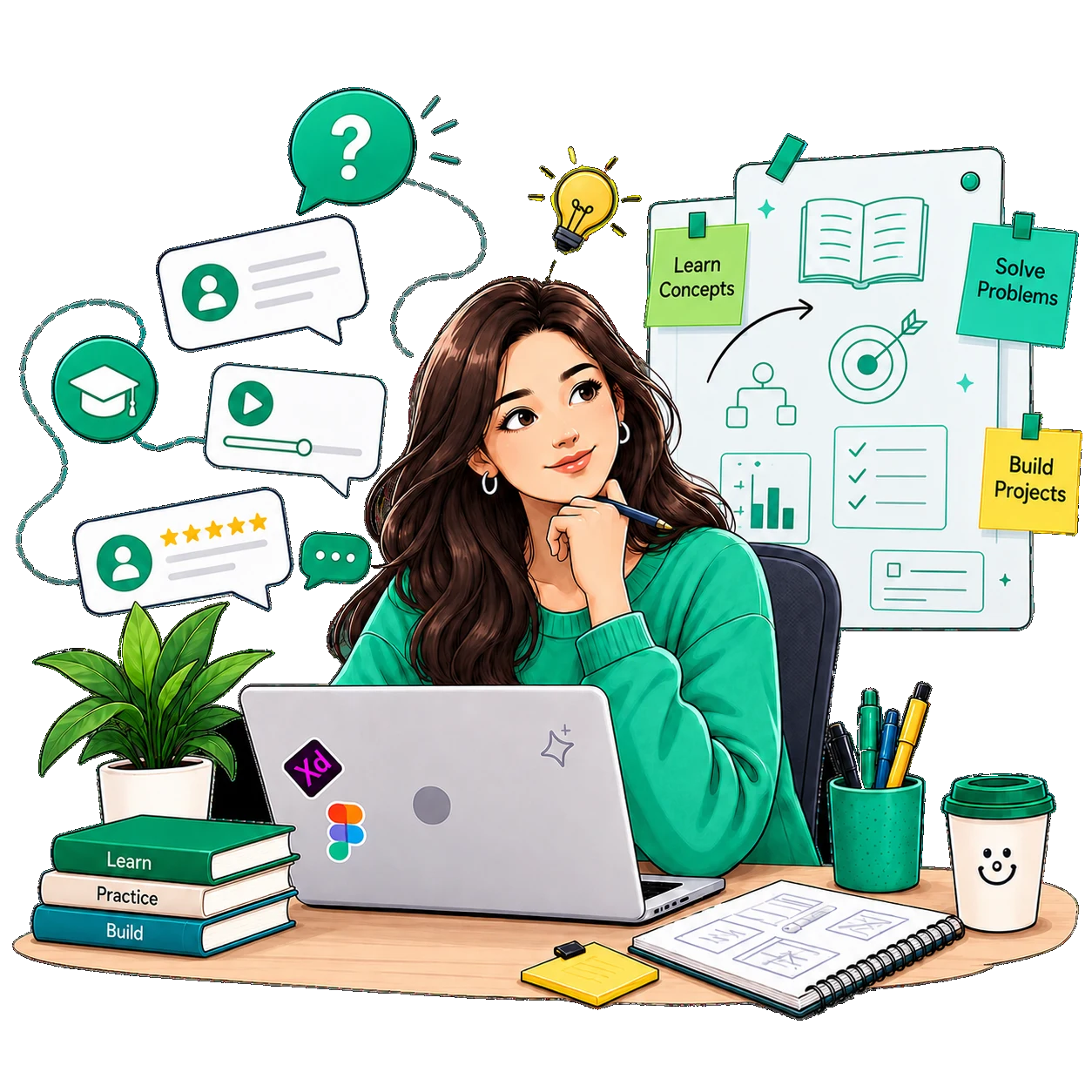 Learner exploring visual course lessons, concepts, practice, and projects